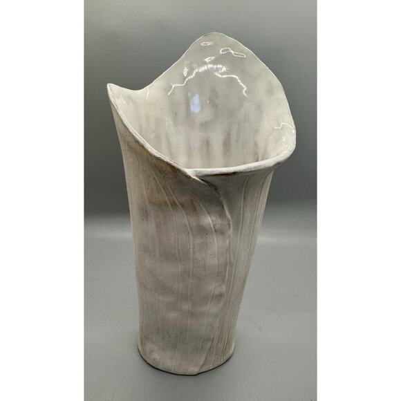 Signed Art Red Clay Vase White Leaf Embossed Matte with White Glazed Interior - Picture 1 of 10